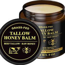 Beef Tallow for Skin, Tallow and Honey Balm, 5 oz Organic Grass-Fed Whipped Beef Tallow Cream, Deep Moisturizing Facial & Body Balm, 100% Natural Face