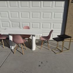 Pink And White Dining Table And Chairs With 2 End Tabes
