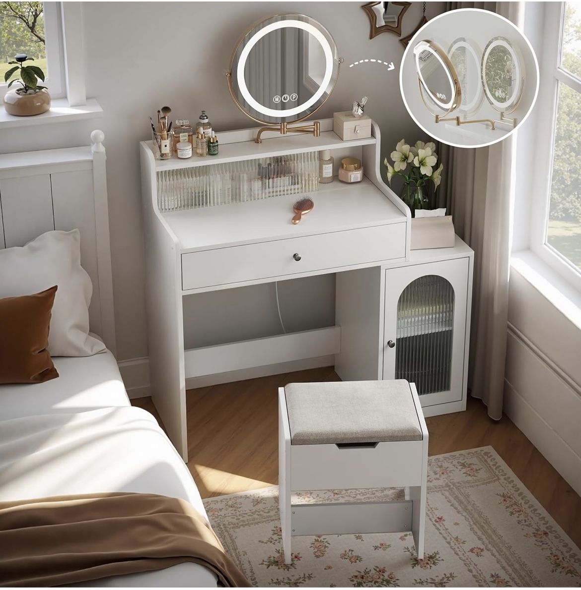 Vanity, Makeup Vanity Desk with Rotatable Mirror and Lights, White Make Up Vanity Table with 3 Adjustable Lighted and Chair, Makeu