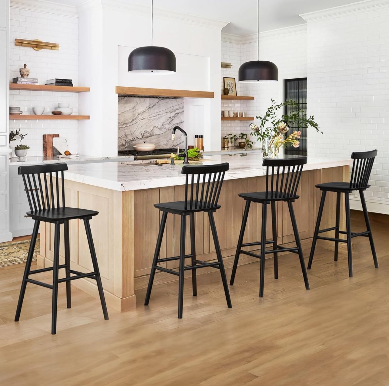 30” Set Of 4 LUE BONA Upgraded Windsor Wooden Black Bar Stools Set of 4, 30 Inch Bar Height Barstools with Spindle Back/Bigger Seat for Kitchen Island