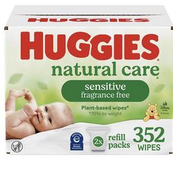 Fragrance-free baby wipes are plant-based and designed for sensitive skin. Box contains two refill packs with a total of 352 wipes.  Unopened box.