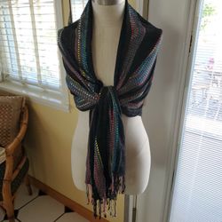 Vintage Woven Head Scarf, Shawl Wrap With Woven Ribbon Mexico 