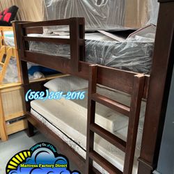 Twin Brown Bunk Bed Litera Cama Con Colchones Nuevos New 