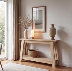41.3" F-armh-ou-se C-onso-le T-able, 2-Tier W-ooden En-t-ryway T-able with S-torage, Oak