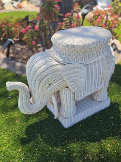 White Wicker Elephant Side Table