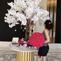 Silk White Tree With Flower Centerpieces, Bouquet, and Candles 