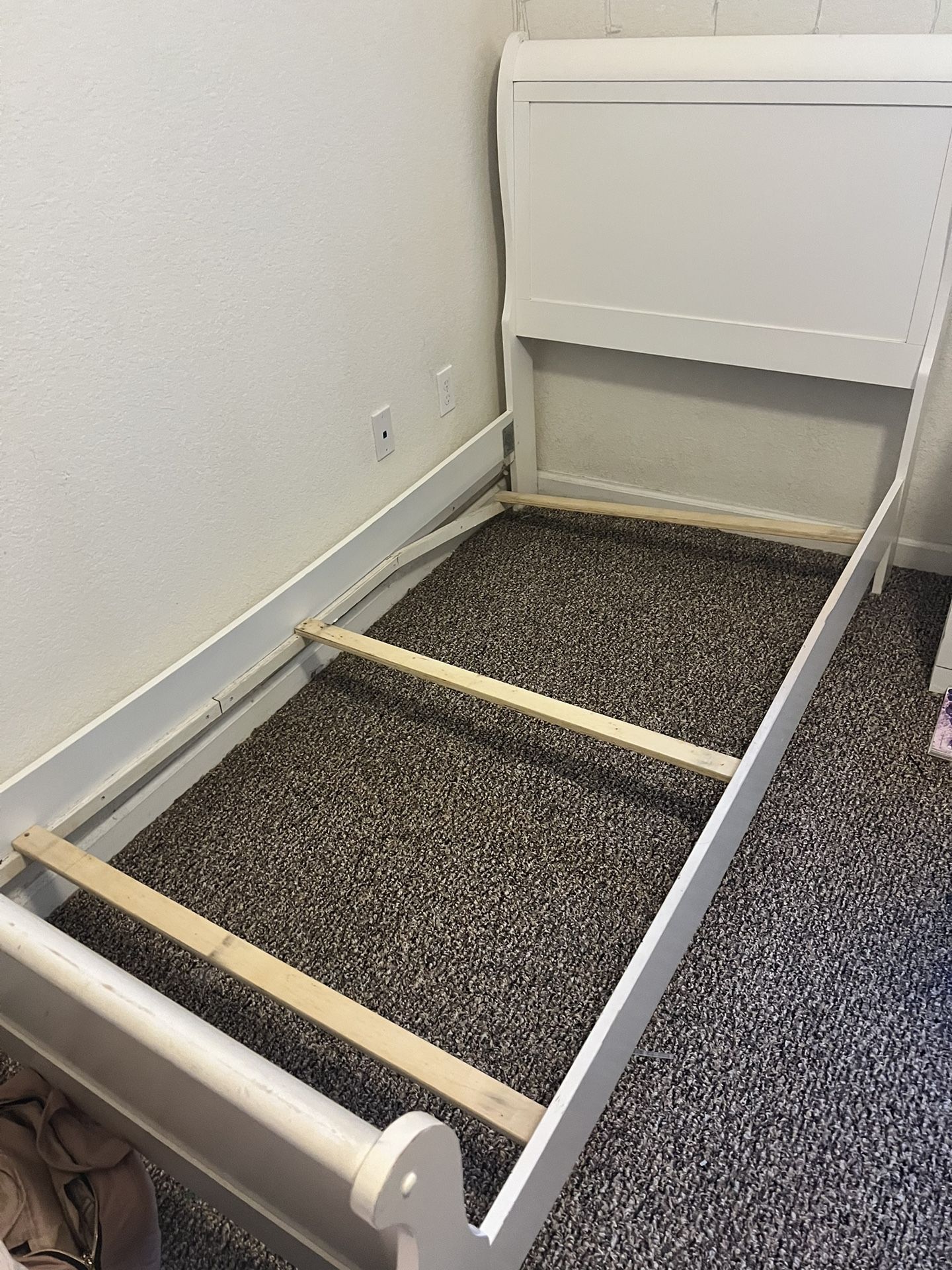 Free!! White Wooden Twin Sleigh Bed , Headboard And Foot Board And Box Spring! (Mattress Sold)