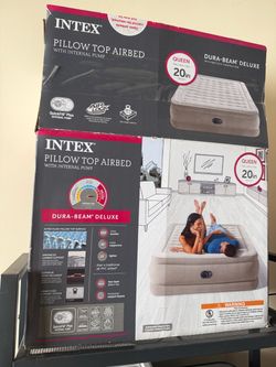 Intex Queen Pillow Top Air Mattress, 20" Dura-Beam Deluxe, Built-In Pump, Like New