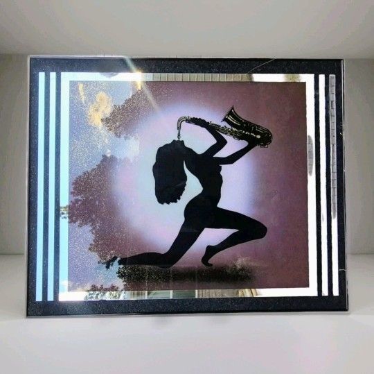 80s Etched Mirror Art - Naked Woman Saxophone Silhouette - Retro Vaporwave...