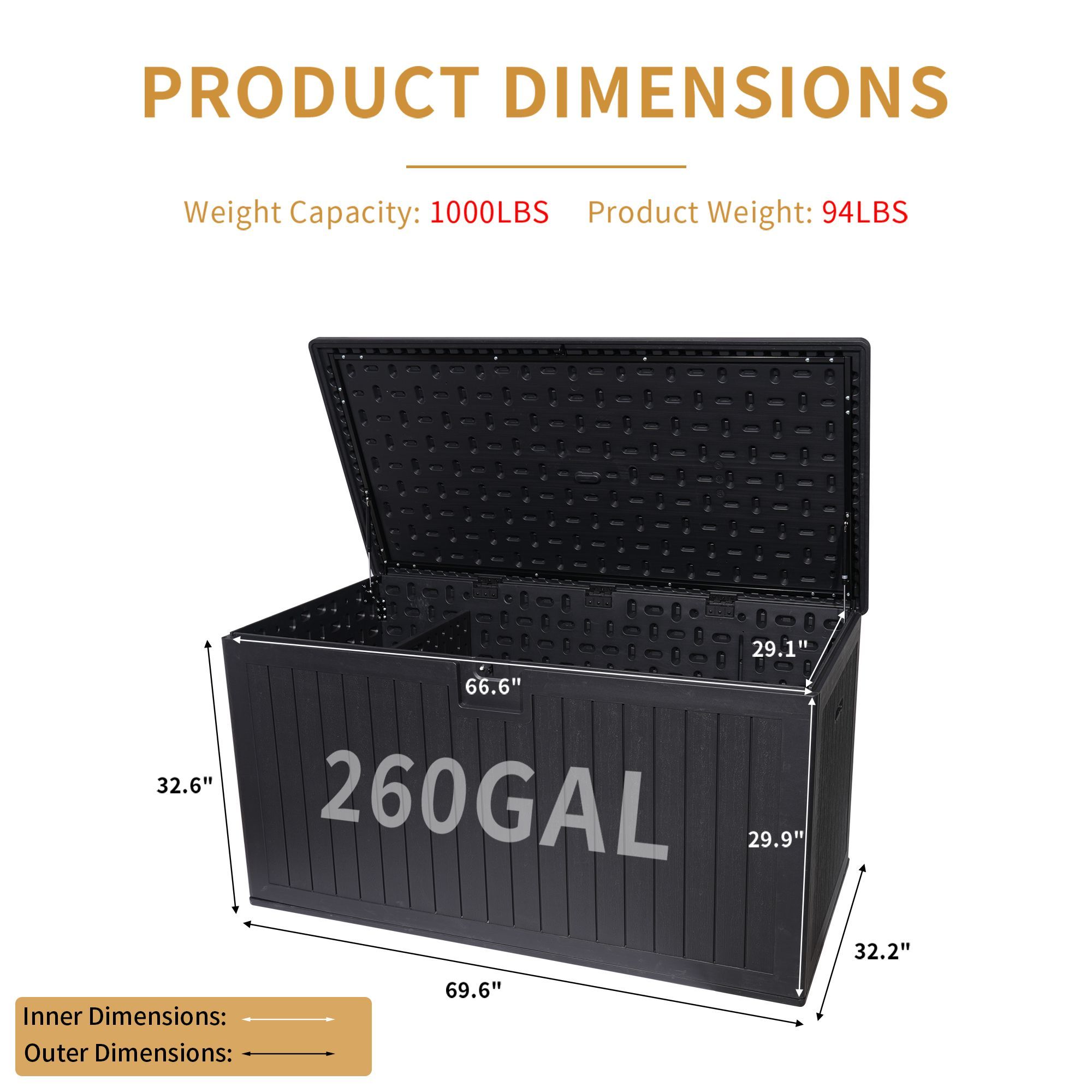 260 Gallon Resin Outdoor Deck Box Waterproof Extra Large Patio Storage Box with Lockable Storage Containers for Patio Furniture Cushions Pool Access