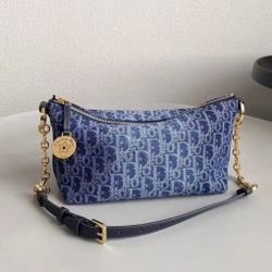 Adjustable shoulder strap zipper closure Jacquard fabric Handheld shoulder bag Women's blue