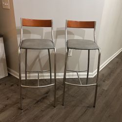 Set of 2 29" Nickel Plated Bar Stools with Grey Faux Leather Upholstery