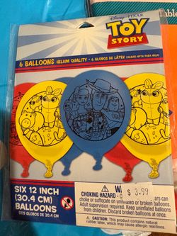4 Blue Toy Story Table cloths  with 2 Orange table cloths and 6 12inch Toy Story balloons