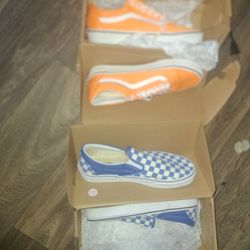 two pair vans old skool neon orange and classic slip on checkerboard