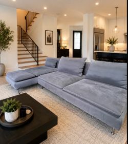 Gray Velvet Sectional Sofa with Chaise