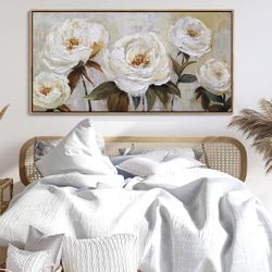 Large Elegant Framed Rich Textured White 3D Floral Art Work.