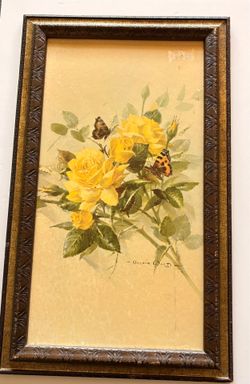Vintage Vernon Ward Yellow Cabbage Roses Print 26x16 Framed Mid Century Art