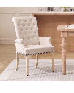 adochr Dining Chair with Arms,Linen High Back Dining Room Chairs, Beige Upholstered Accent Armchair with Solid Wood Legs & Nailhead Trim for Kitchen L