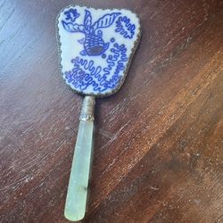 Antique Chinese Porcelain & Jade Mini Hand Mirror