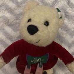 White Oatmeal Polar Teddy Bear Plush in Red Velvet Christmas Dress & Bow 10" Toy
