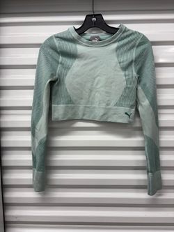 PUMA FIT Women's Green Stretch Cropped Knit Crewneck Long Sleeve Top S
