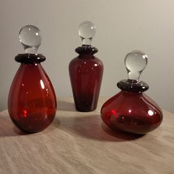 Vintage Ruby Red Glass Bottles with Stoppers