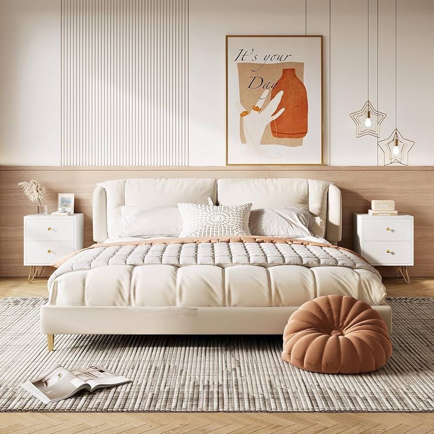 White Nightstand Set of 2, White and Gold Night Stand with 2 Drawers, Modern End Table with Metal Legs and Gold Handles, Bedside Table for Bedroom, Ha