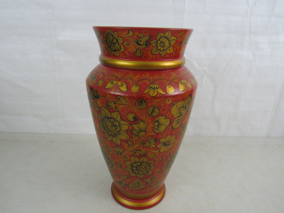 Russian Khokhloma? Wooden Folk Art Vase Hand-Painted 11 3/4" Tall


