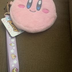 Kirby Face Plush Zip Coin Purse Wristlet Removable Strap Official Nintendo New