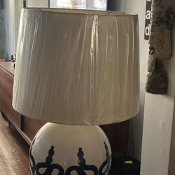 Ceramic ginger jar–style table lamp with a pleated drum shade.