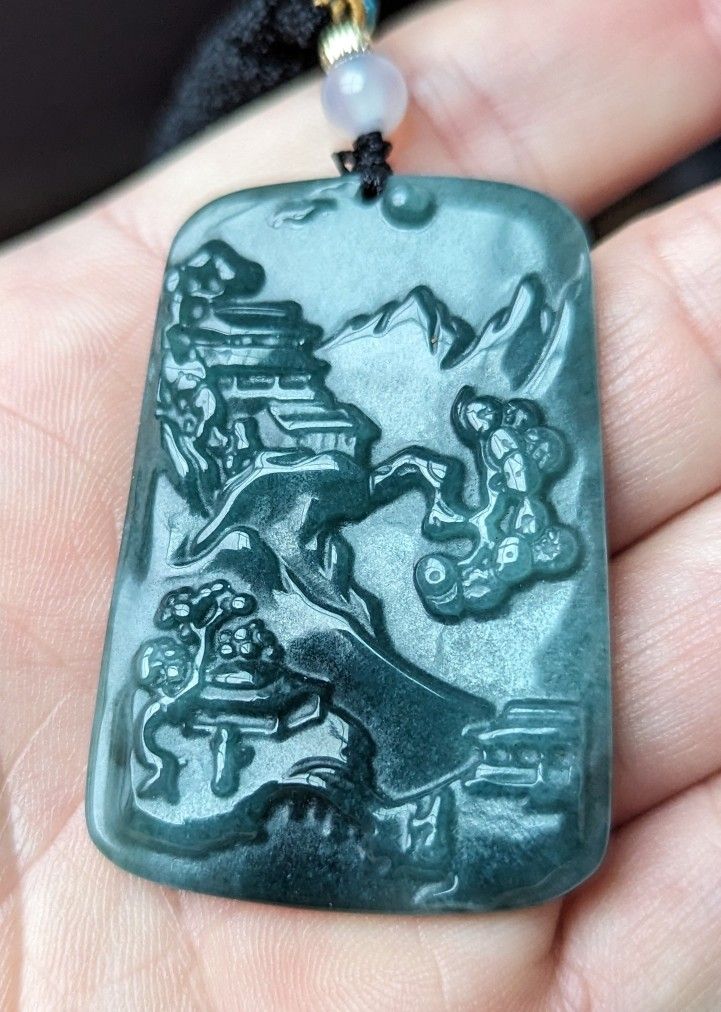 Mountain Theme Jade Pendant With Black Cord 