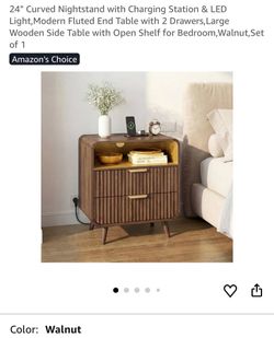 Curved Walnut Nightstand with Charging Station & LED