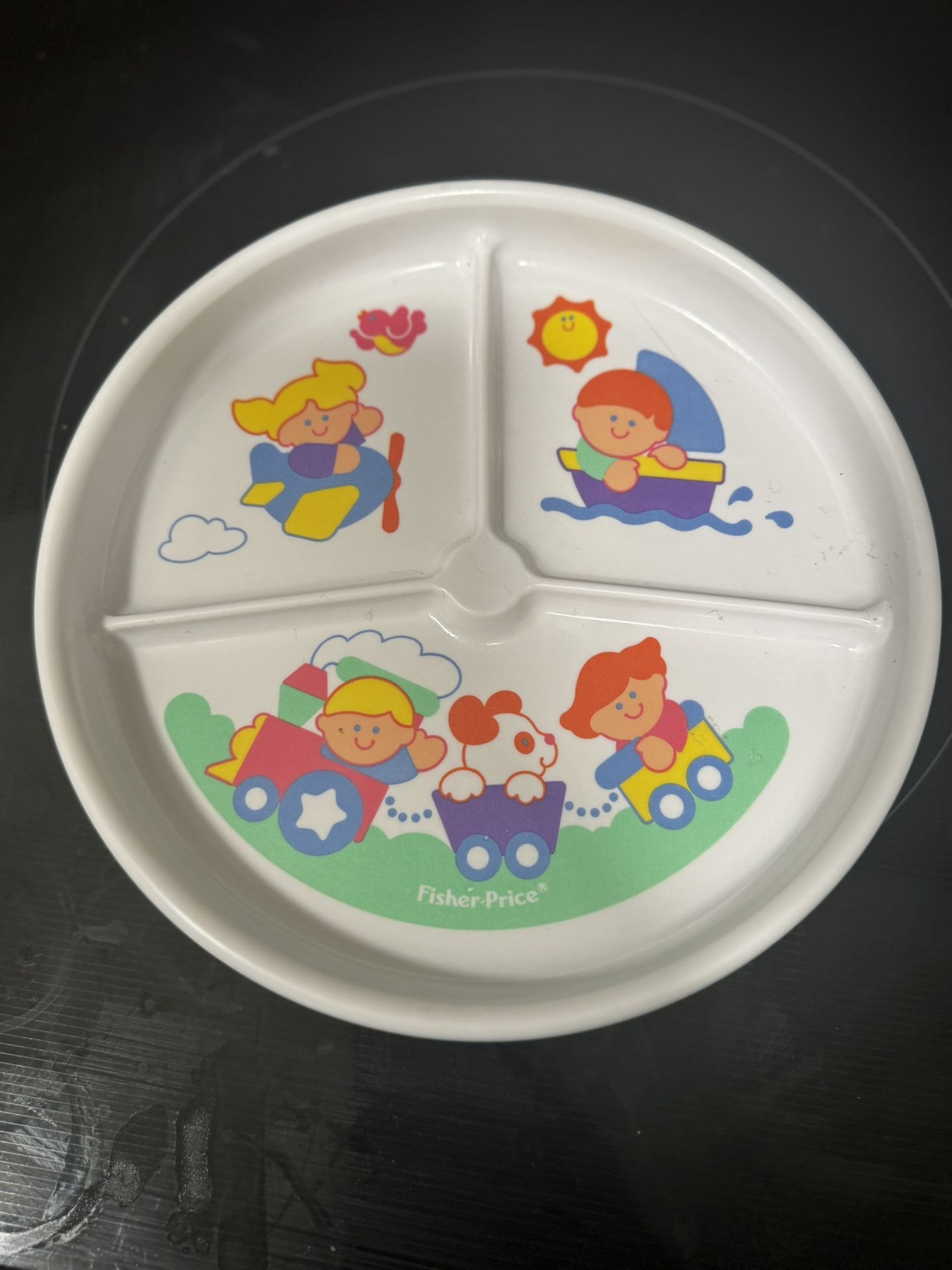 Fisher Price Childrens Divided Plate Train Boat Plane White Melamine 1990 USA