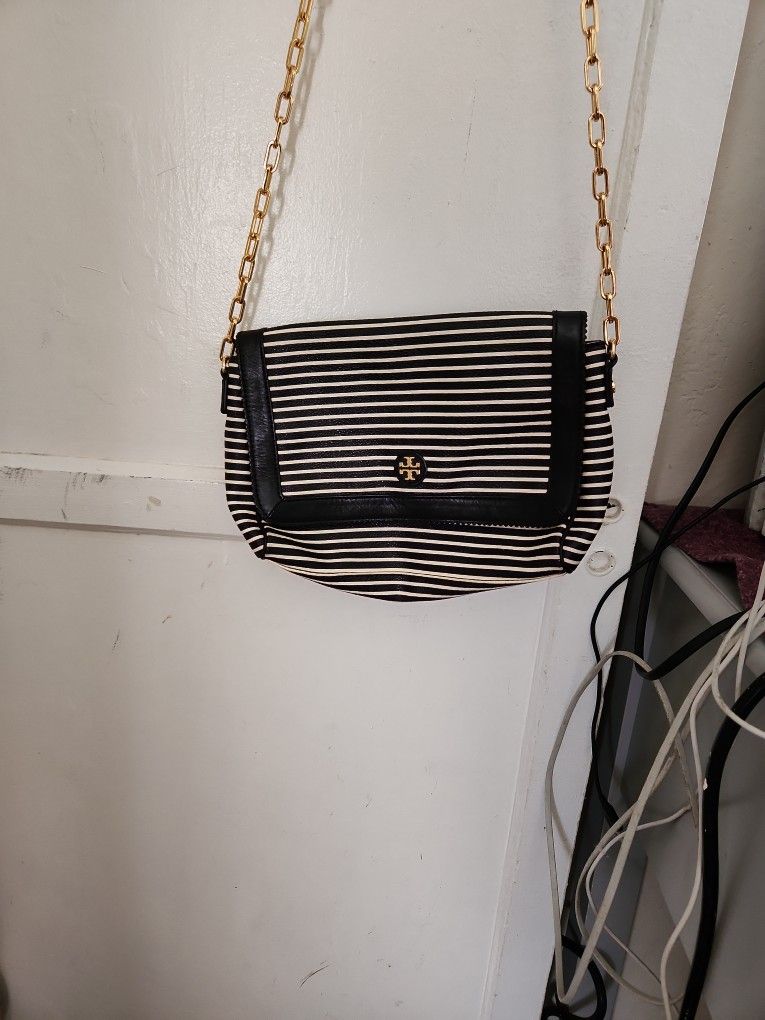 Tory Burch Black & White Stripes Crossbody Purse 