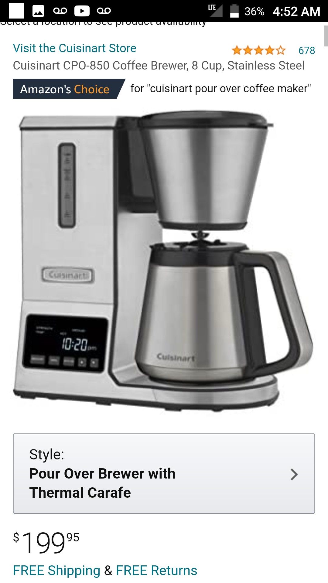 Cuisinart pour over coffee maker. Stainless Steel thermal carafe