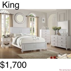 Beautiful  White King Size  Complete Bedroom Set. Mattress sold separately 