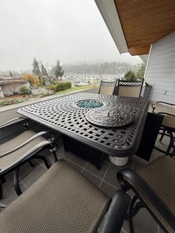 High Top Fire Pit Table With 8 Tall Swivel Chairs.