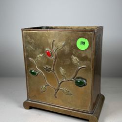 Antique Chinese Gem-Inlaid Copper Pen  Holder  / Vase