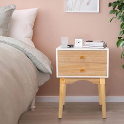 End Table Nightstand Side Coffee Table Flower Stand Rack - Detachable Wood Metal Frame Fabric Storage Basket Round for Living Room Bedroom Dining Room