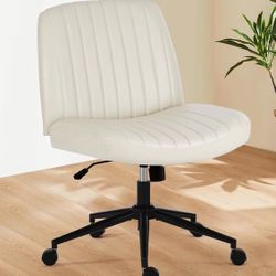 Sweetcrispy Criss Cross Chair Legged, Armless Office Desk Chair with Wheels, PU Leather Swivel Vanity Height Adjustable Wide Seat Computer Task Seatin