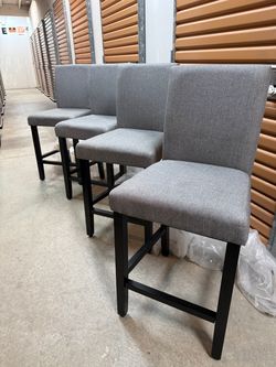 Set of 4 Gray Upholstered Counter Stools - Solid Wood - 25" Seat Height