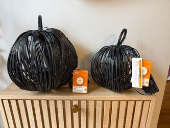 Two (2) Place & Time Pumpkin Halloween Black Twig Wire LED Lights Decorations NWT