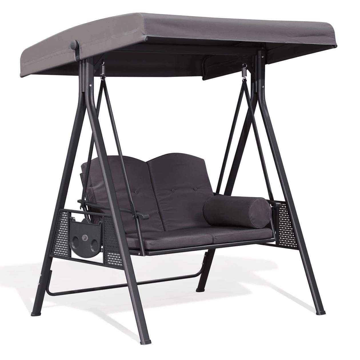 Outdoor Patio Porch Swing with Stand, Chair with Adjustable Tilt Canopy All-Weather Steel Frame for Backyard Front Porch Lawn(Brown)
