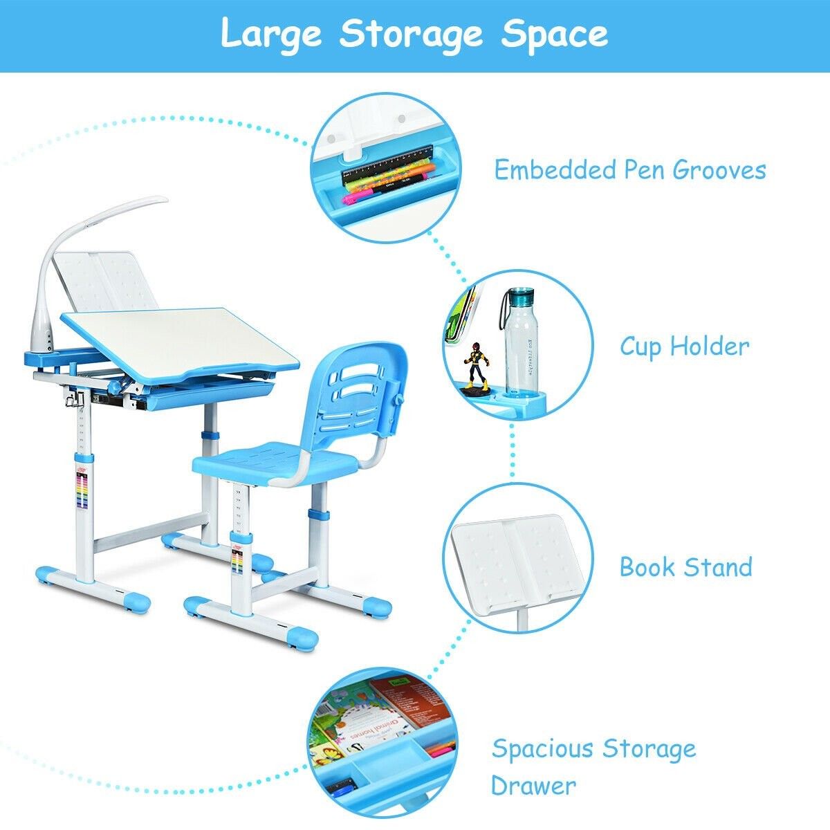 Adjustable Kids Desk Chair Set in Blue with Lamp and Bookstand