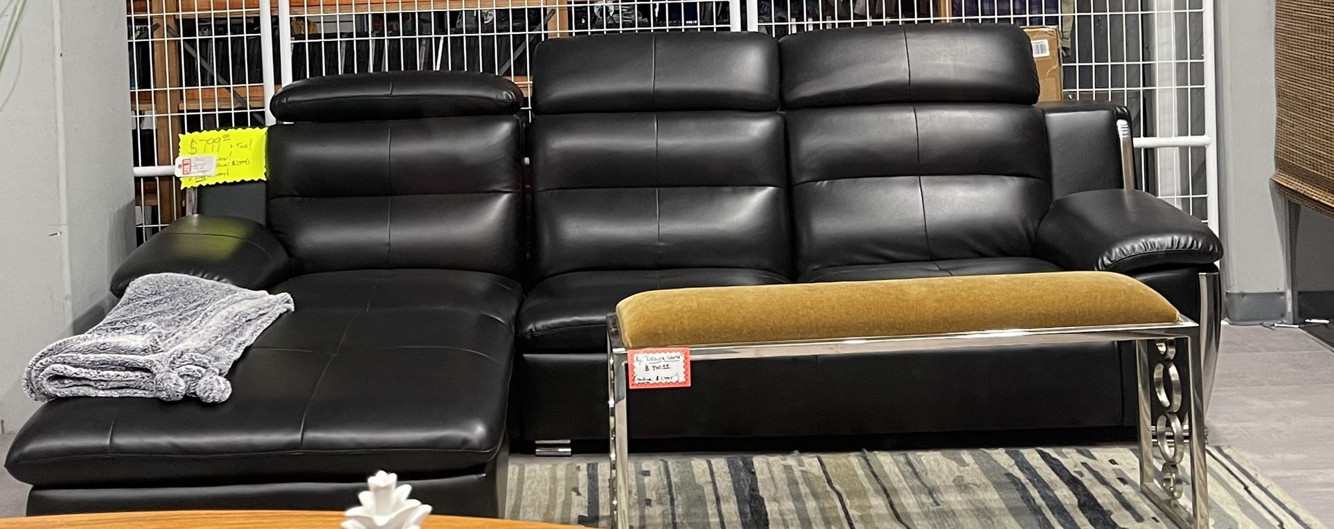 Large, Black Leather Modular Sofa