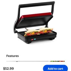 Holstein Housewares 2 Slice Non Stick Griddle, Metallic Red - Stainless Steel Panini Press Electric with Adjustable Temperature Settings and Nonstick