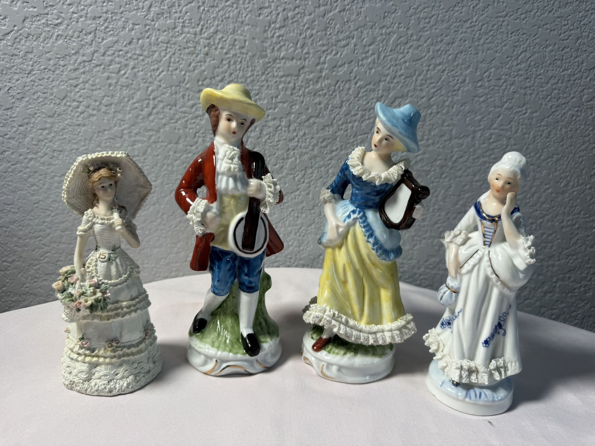 Vintage Porcelain Figurines Set of 4 Victorian Couple & Lady with Parasol 8”