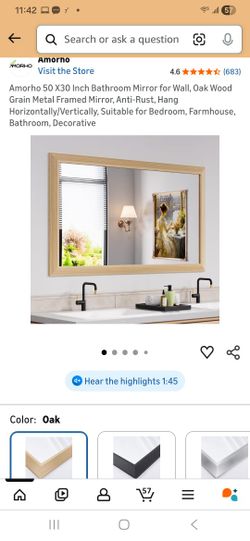 Bathroom Mirror for Wall, Oak Wood Grain Metal Framed Mirror, Anti-Rust, Hang Horizontally/Vertically, Suitable for Bedroom, Farmhouse, Bathroom, Deco