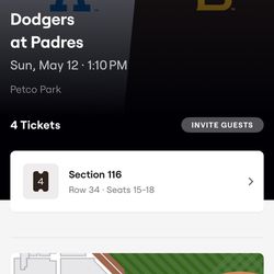 Padres Vs Dodgers - 4 Tickets For Sunday 5/12/24