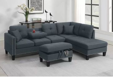 Gray (light and dark) Sectional Sofa Storage Ottoman Accent Pillows Nailhead Trim Cup Holders 6x8